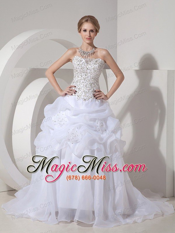 wholesale populor a-line strapless court train organza beading and hand made flowers wedding dress