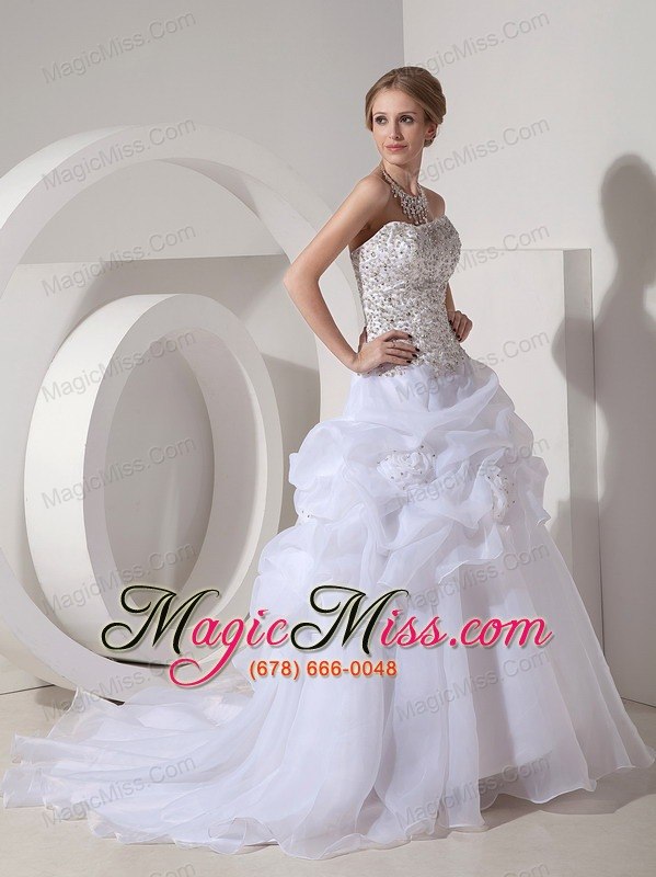 wholesale populor a-line strapless court train organza beading and hand made flowers wedding dress