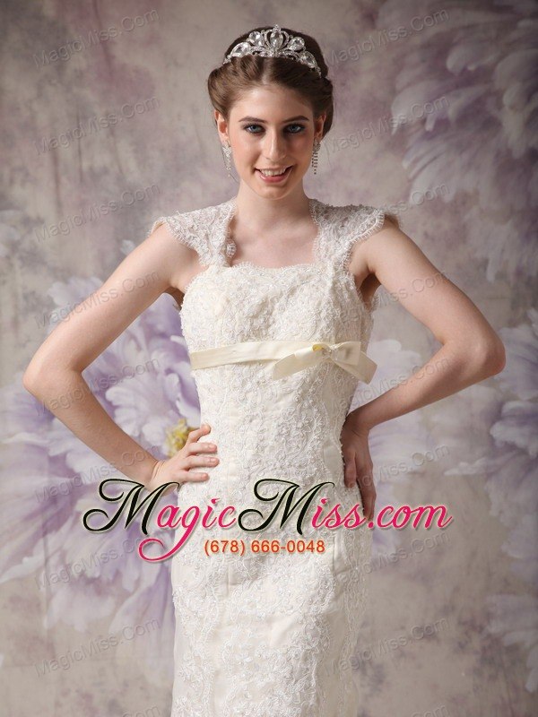 wholesale exquisite column straps floor-length organza and lace bow wedding dress