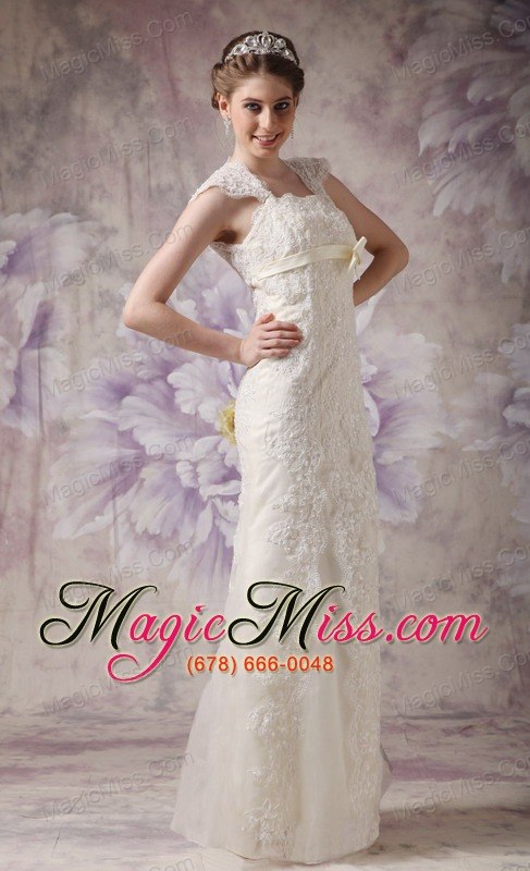 wholesale exquisite column straps floor-length organza and lace bow wedding dress