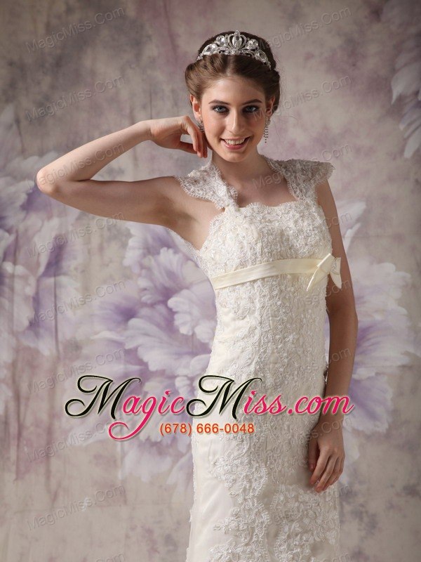 wholesale exquisite column straps floor-length organza and lace bow wedding dress