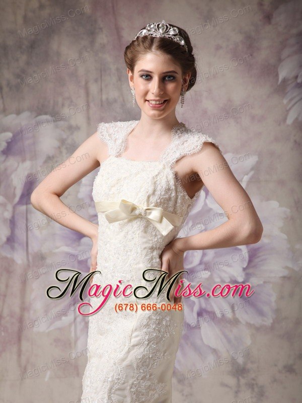 wholesale exquisite column straps floor-length organza and lace bow wedding dress