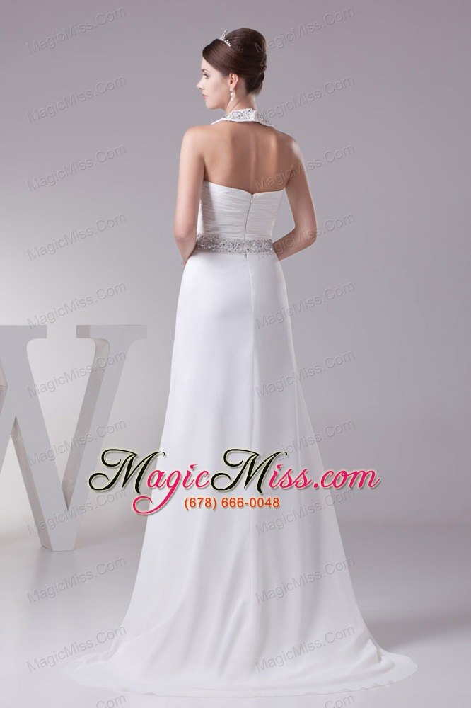 wholesale beaded halter top empire prom dress with sweep train