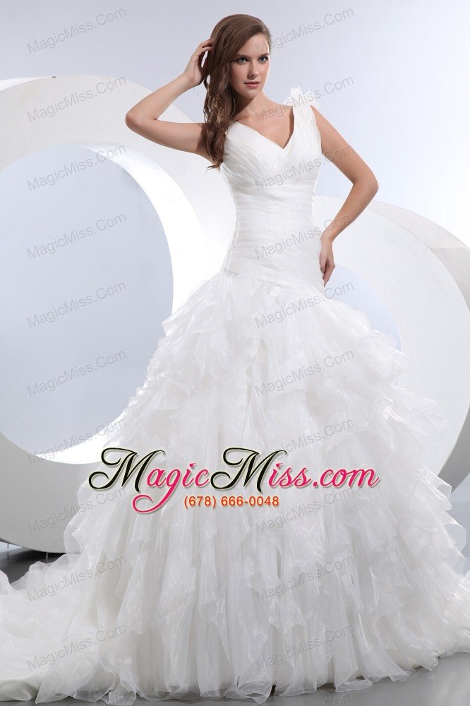 wholesale gorgeous a-line v-neck brush train taffeta and organza ruffles and ruch wedding dress