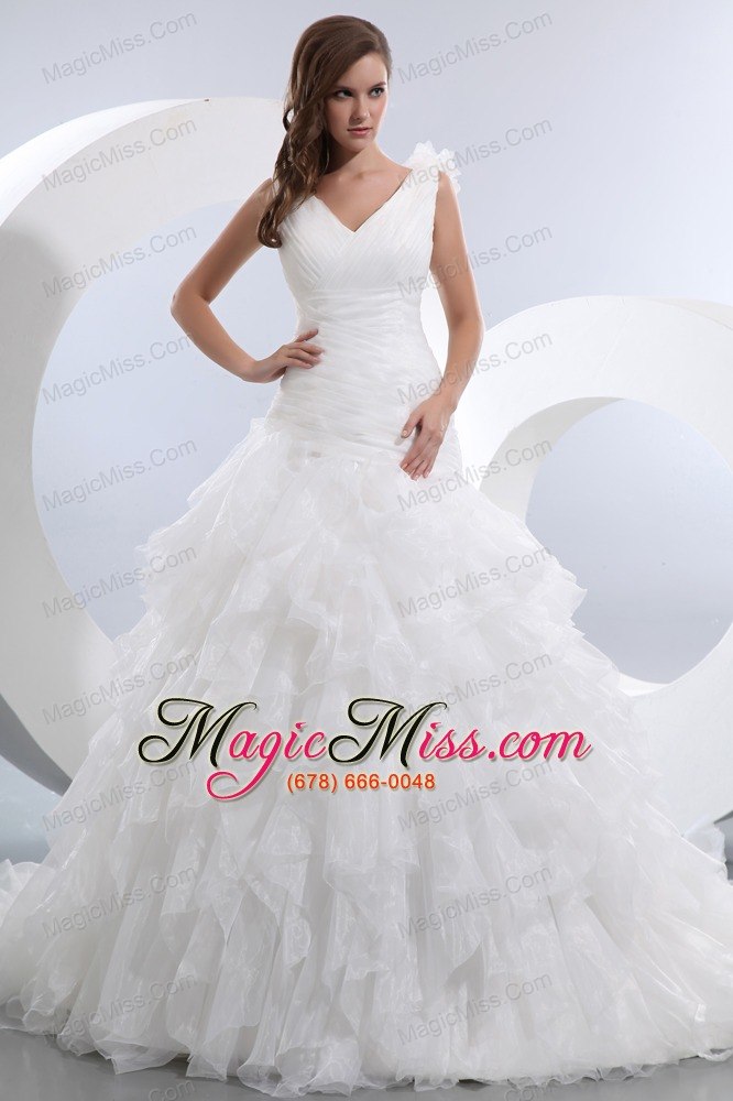 wholesale gorgeous a-line v-neck brush train taffeta and organza ruffles and ruch wedding dress