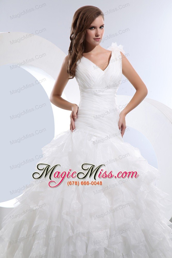 wholesale gorgeous a-line v-neck brush train taffeta and organza ruffles and ruch wedding dress