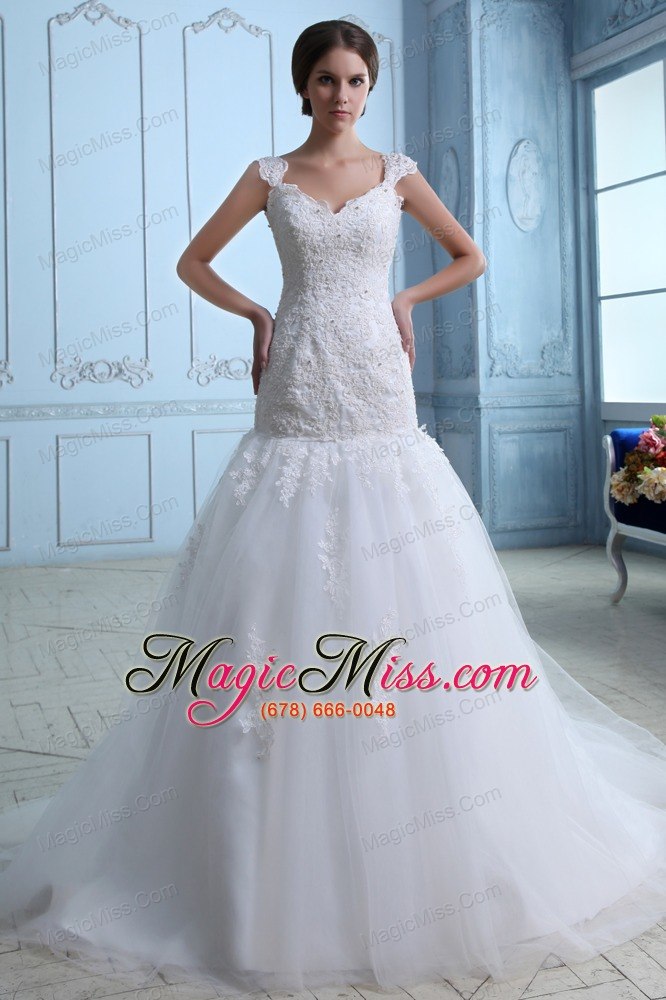 wholesale lovely mermaid straps brush train tulle lace wedding dress