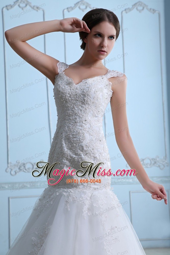 wholesale lovely mermaid straps brush train tulle lace wedding dress