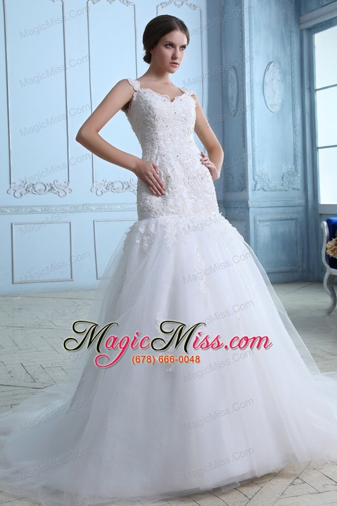 wholesale lovely mermaid straps brush train tulle lace wedding dress