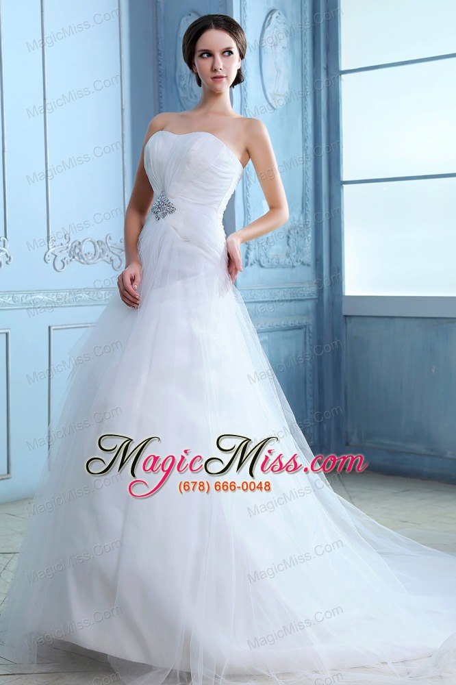 wholesale pretty a-line strapless court train tulle beading wedding dress