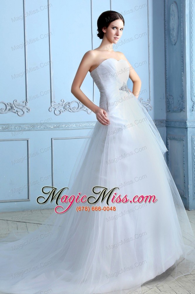 wholesale pretty a-line strapless court train tulle beading wedding dress