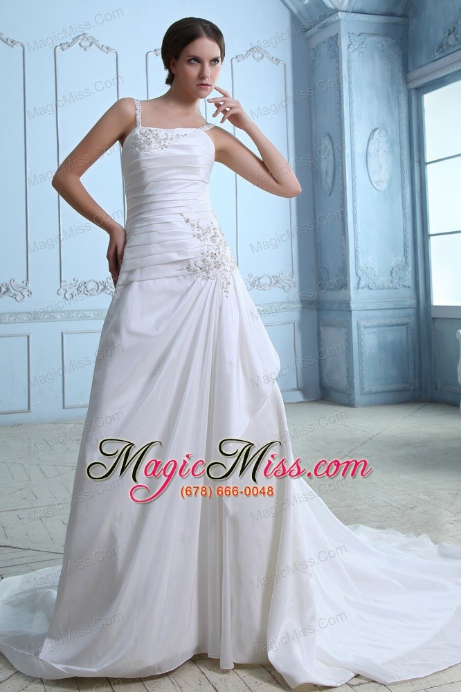 wholesale elegant a-line straps court train taffeta ruch and appliques wedding dress