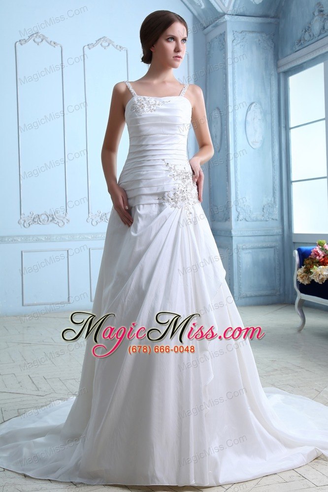 wholesale elegant a-line straps court train taffeta ruch and appliques wedding dress