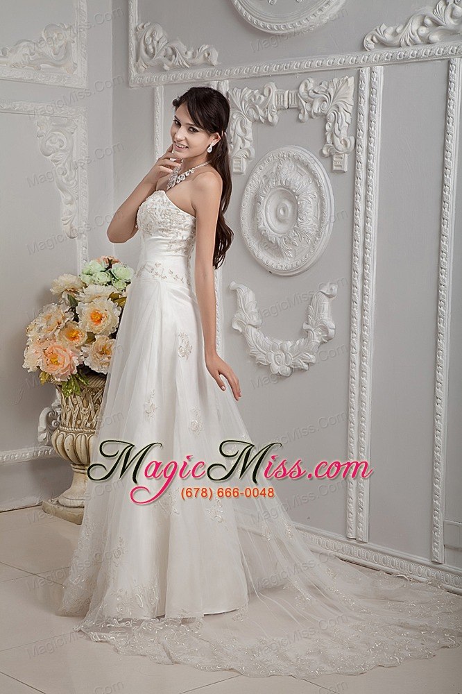 wholesale elegant a-line strapless court train appliques lace wedding dress