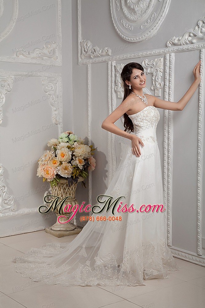 wholesale elegant a-line strapless court train appliques lace wedding dress