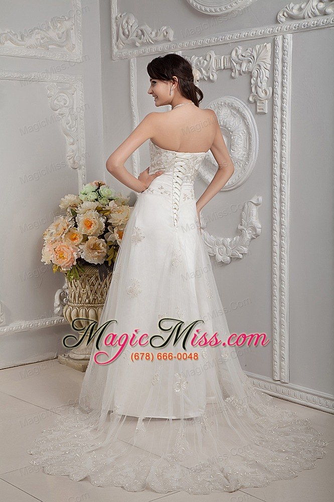 wholesale elegant a-line strapless court train appliques lace wedding dress