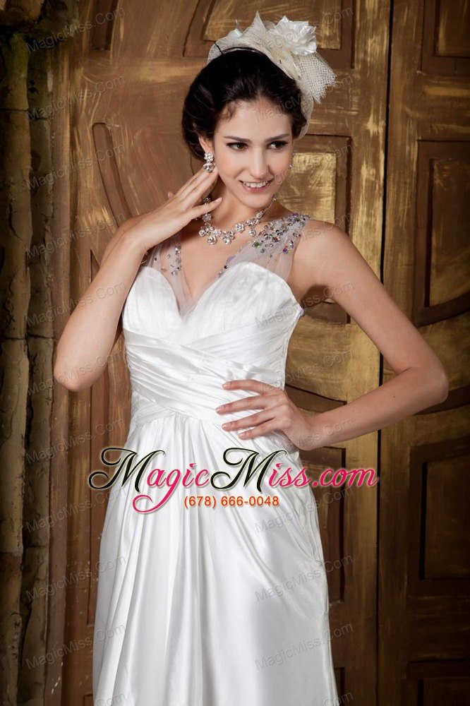 wholesale custom made a-line v-neck floor-length elastic woven satin beading wedding dress