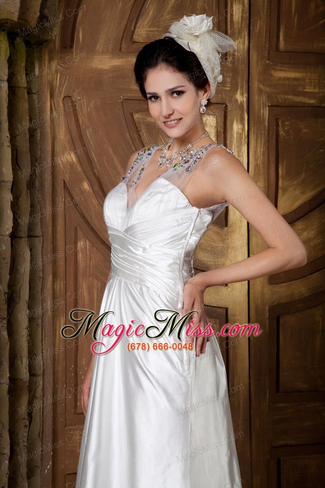 wholesale custom made a-line v-neck floor-length elastic woven satin beading wedding dress