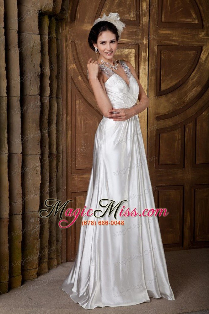 wholesale custom made a-line v-neck floor-length elastic woven satin beading wedding dress