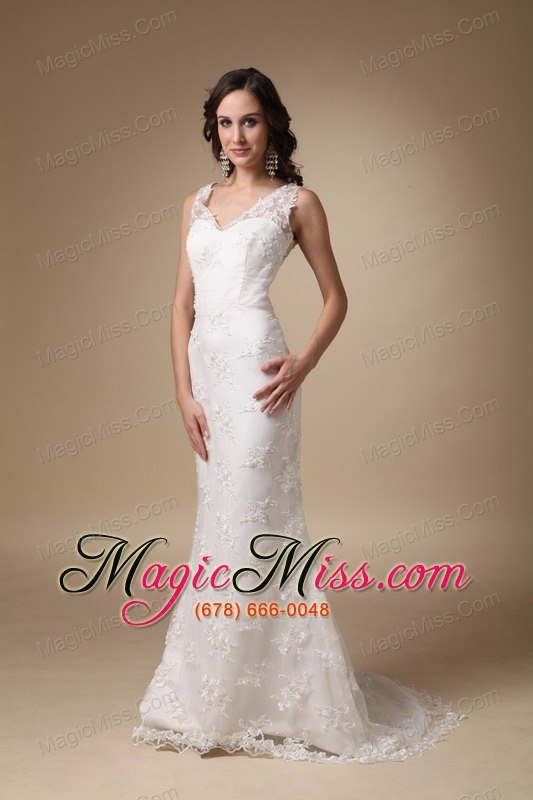 wholesale pretty column v-neck brush train taffeta and lace wedding dress