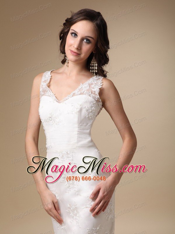 wholesale pretty column v-neck brush train taffeta and lace wedding dress