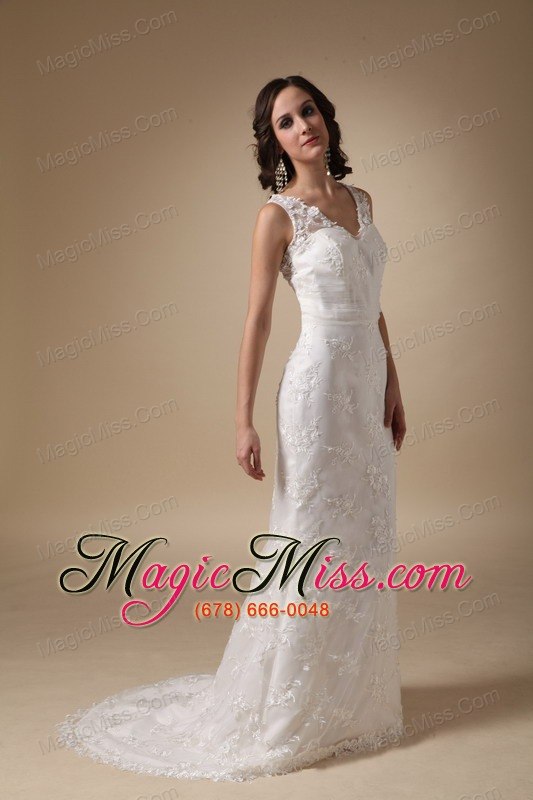 wholesale pretty column v-neck brush train taffeta and lace wedding dress