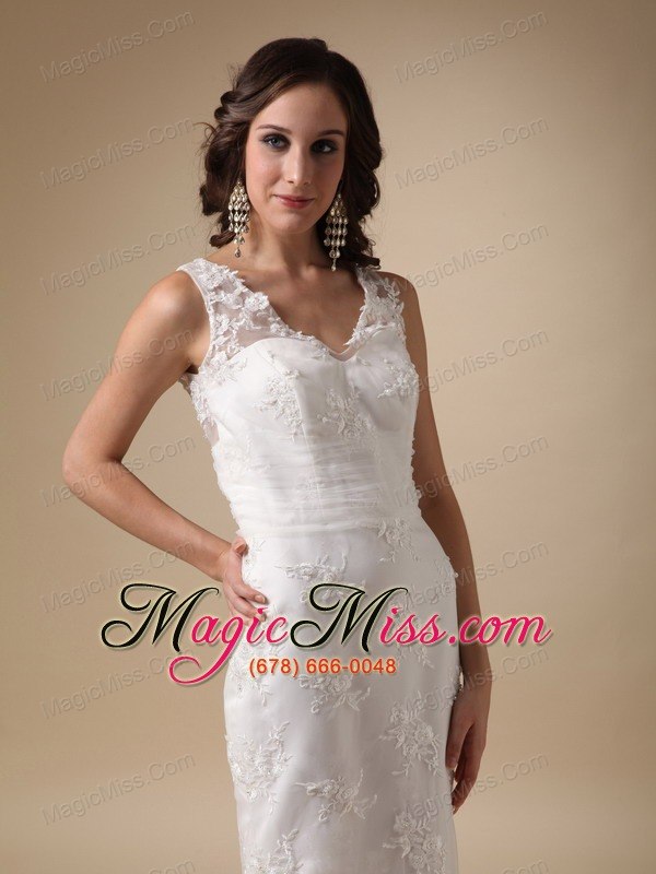 wholesale pretty column v-neck brush train taffeta and lace wedding dress