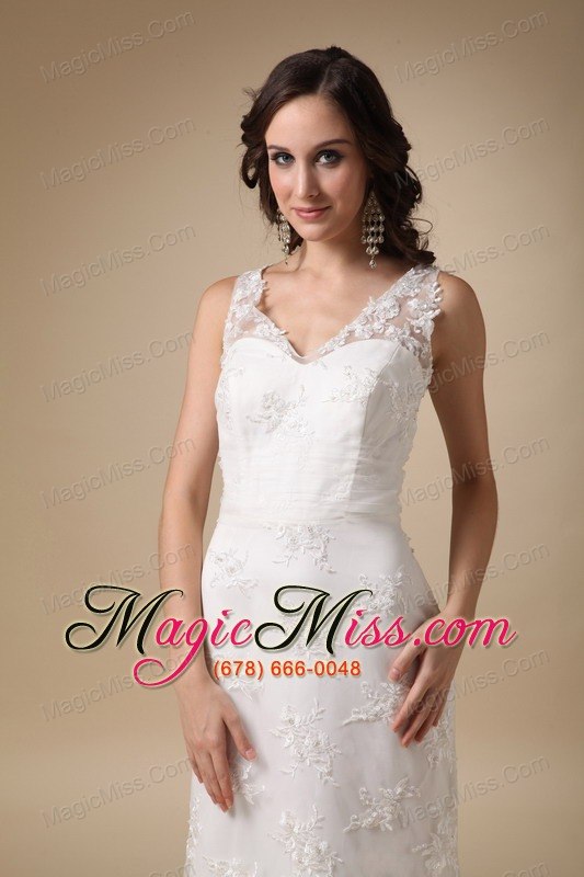 wholesale pretty column v-neck brush train taffeta and lace wedding dress