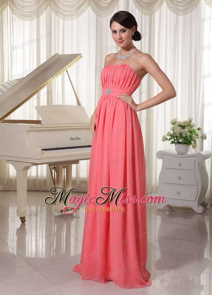 wholesale watermelon red empire chiffon prom dress with beading and ruch