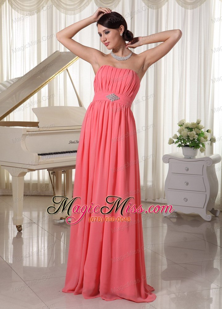 wholesale watermelon red empire chiffon prom dress with beading and ruch