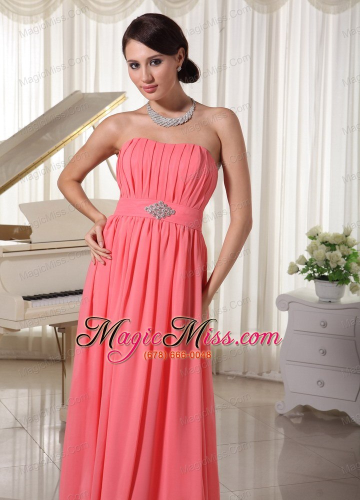 wholesale watermelon red empire chiffon prom dress with beading and ruch