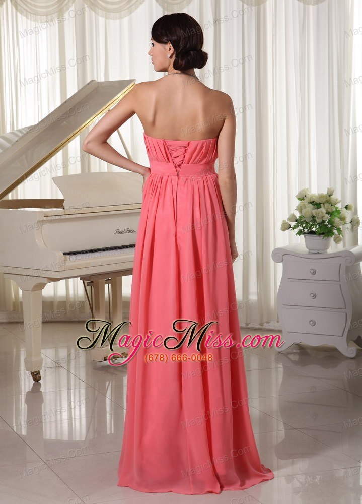 wholesale watermelon red empire chiffon prom dress with beading and ruch