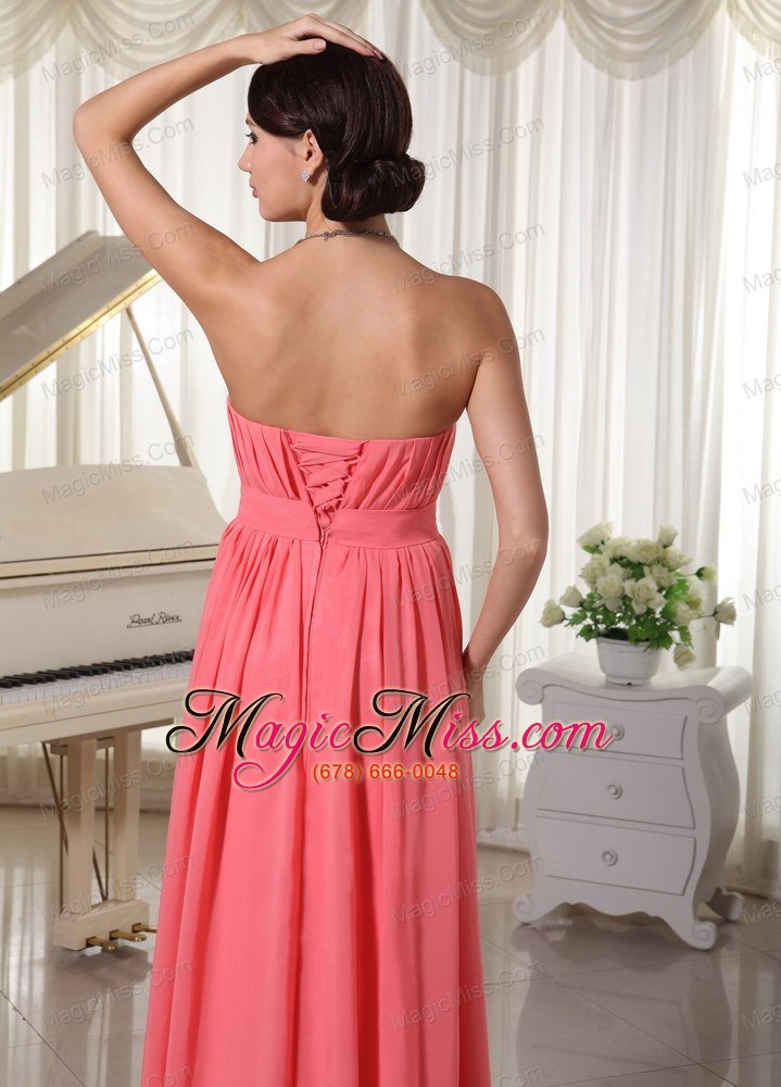 wholesale watermelon red empire chiffon prom dress with beading and ruch