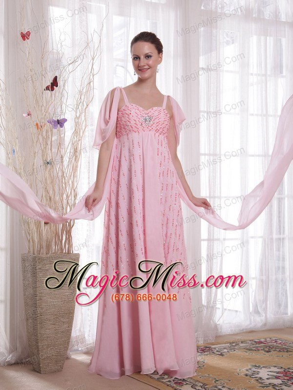 wholesale pink empire straps watteau train chiffon beading and sequins prom / evening dress