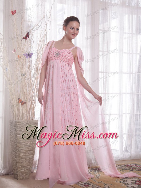 wholesale pink empire straps watteau train chiffon beading and sequins prom / evening dress