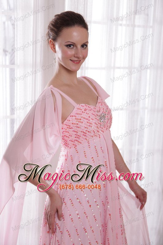 wholesale pink empire straps watteau train chiffon beading and sequins prom / evening dress