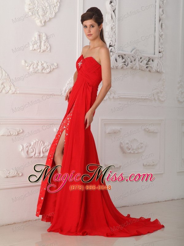 wholesale red column / sheath sweetheart sweep / brush train chiffon beading prom dress