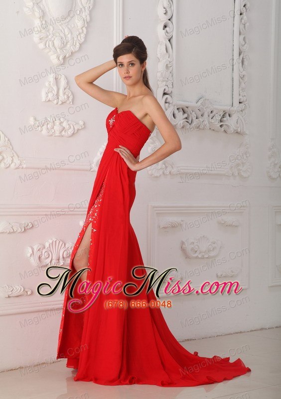 wholesale red column / sheath sweetheart sweep / brush train chiffon beading prom dress