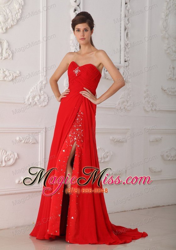 wholesale red column / sheath sweetheart sweep / brush train chiffon beading prom dress