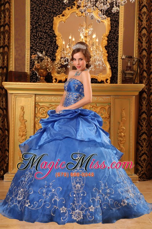 wholesale blue ball gown strapless floor-length organza beading quinceanera dress