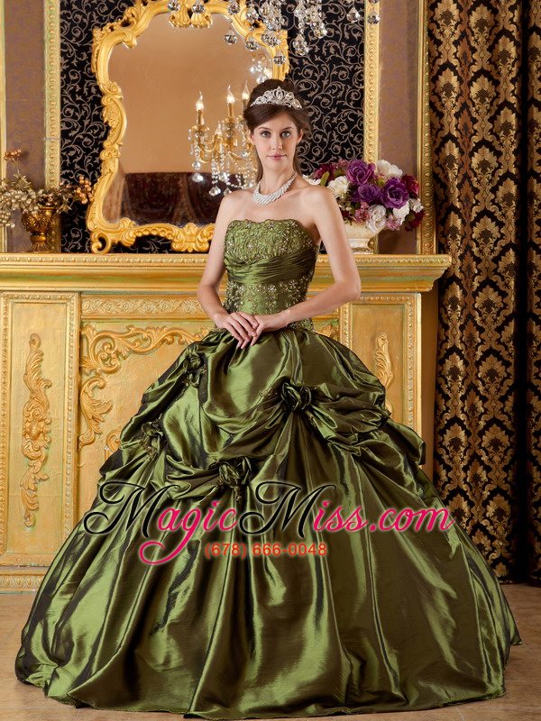 wholesale olive green ball gown strapless floor-length taffeta appliques quinceanera dress