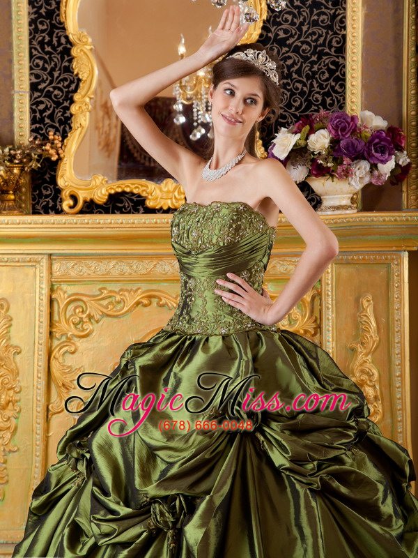 wholesale olive green ball gown strapless floor-length taffeta appliques quinceanera dress