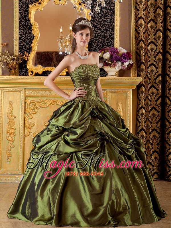 wholesale olive green ball gown strapless floor-length taffeta appliques quinceanera dress