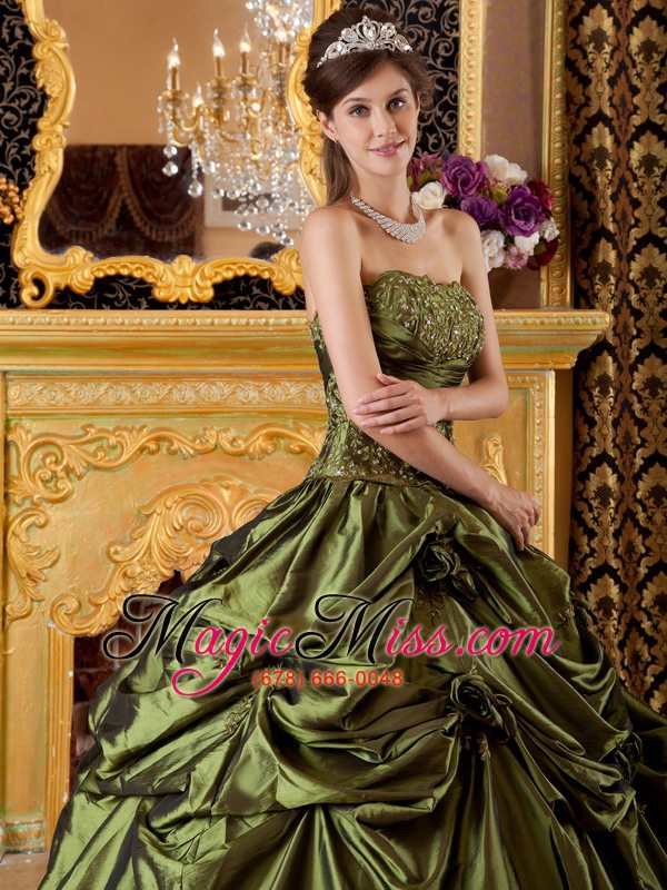 wholesale olive green ball gown strapless floor-length taffeta appliques quinceanera dress