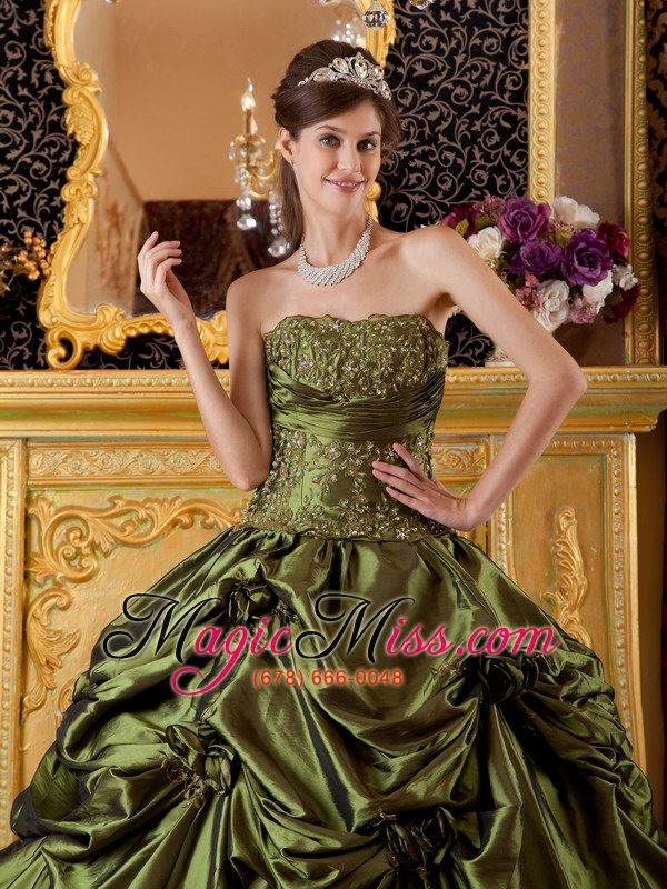 wholesale olive green ball gown strapless floor-length taffeta appliques quinceanera dress