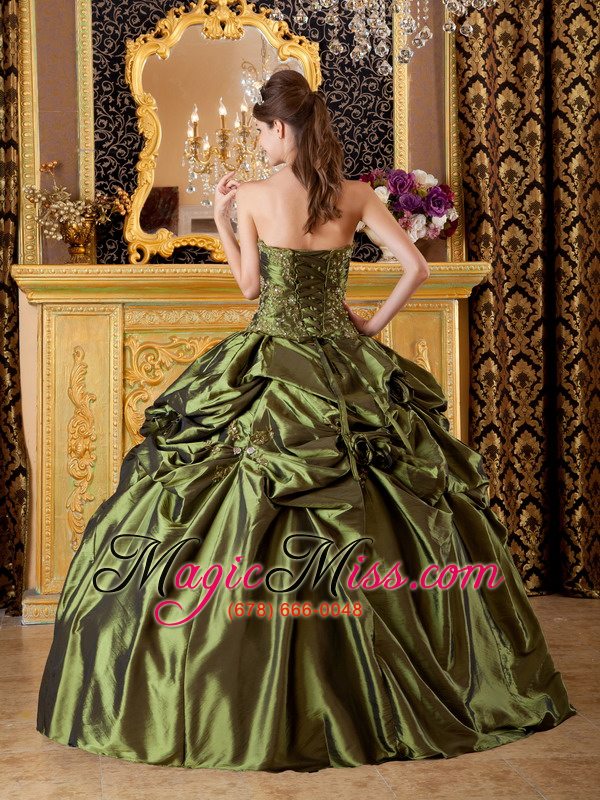 wholesale olive green ball gown strapless floor-length taffeta appliques quinceanera dress