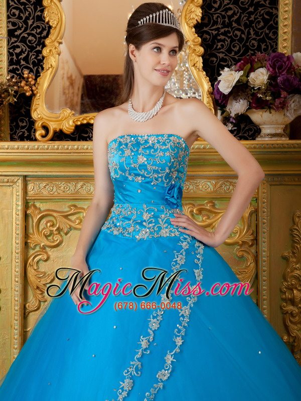 wholesale teal ball gown strapless floor-length tulle lace appliques quinceanera dress