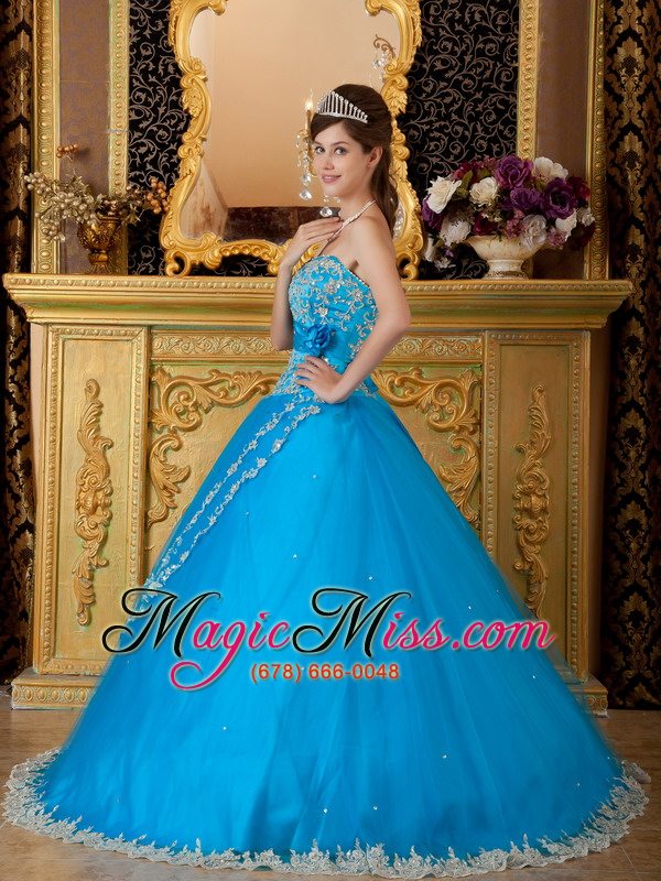 wholesale teal ball gown strapless floor-length tulle lace appliques quinceanera dress