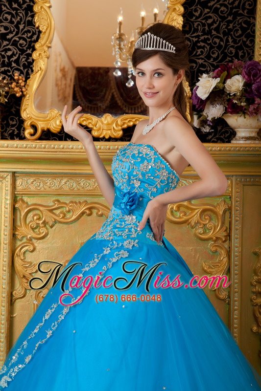 wholesale teal ball gown strapless floor-length tulle lace appliques quinceanera dress