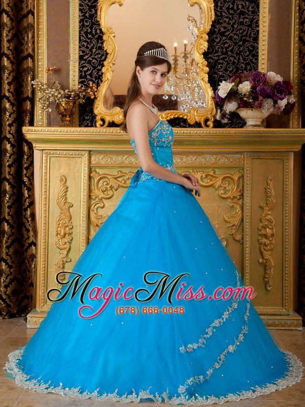 wholesale teal ball gown strapless floor-length tulle lace appliques quinceanera dress